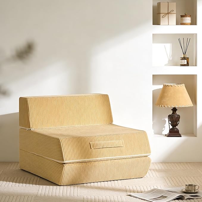 Trenda Folding Sofa Bed, 16lbs Convertible Sleeper Chair with Removable Back Pillow & Handle, Washable Cover Solid Foam Fold Out Chair Bed for Living Room, Apartment, Guest, Single, Camel