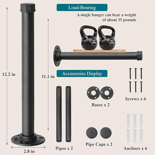 Cast Iron Wall Mounted Clothes Rack, Heavy Duty Industrial Pipe Clothing Rack for Hanging Clothes, Garment Racks for Wardrobe Organizers and Storage, DIY Closet Rods Closet Bar (Black 2 Pack, 12 in)