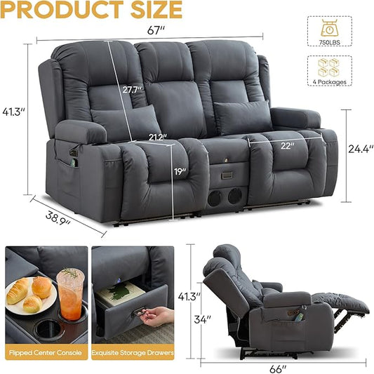 IPKIG Power Recliner Sofa with Flip-Up Backrest Console, USB & USB-C Ports, AC Outlet, LED Lights, Wall Hugger Recliners for Living Room, RV (Light Blue, 67" - 3 Seat) | Leathaire Fabric, Zero Gravity, Dual Reclining, 2 Lumabr Pillow, Bluetooth Speakers