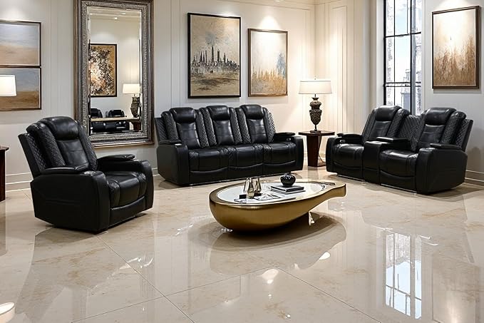 A Ainehome Power Leather Recliner Sofa Set with LED Lights, Recliner Sofa Sectional Couches for Living Room, Reclining Sofa, loveseat, Chair with USB Port/Storage Console/Cup Holder(black,3-piece set)