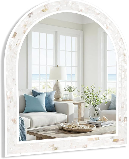 Tanmicoshomy White Arched Wall Mirror 30x36 Inches, Mosaic Bathroom Mirror with Shell Frame for Bathroom Living Room Bedroom or Entryway