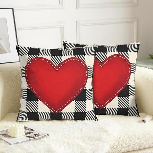 Valentines Outdoor Pillow Covers 20x20 Set of 2 Red Love Heart Throw Pillow Cover Black and White Buffalo Plaids Valentine Decorative Pillow Case for Bed Couch Sofa