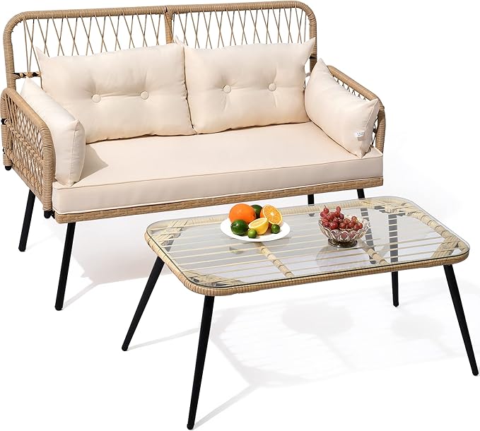 YITAHOME 2-Piece Patio Furniture Wicker Outdoor Loveseat, All-Weather Rattan Conversation for Backyard, Balcony and Deck with Soft Cushions and SideTable (Light Brown+Beige)