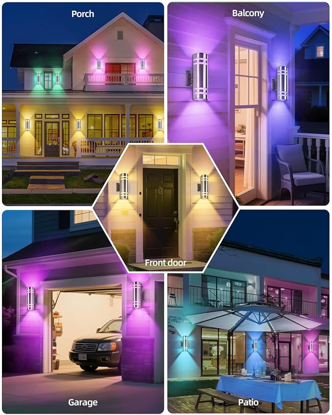 Smart Stainless Steel Outdoor Wall Light 2 Pack, WiFi RGB Up and Down Sconce with Dusk to Dawn Sensor, Color Changing Exterior Lighting Fixtures, Compatible with Alexa & Google, Remote Included