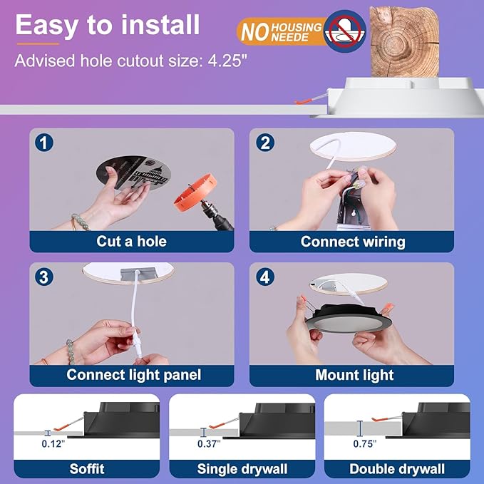 Black Smart Recessed Lighting 4 Inch RGBCW Color Changing 12W LED Downlight with Junction Box,1080 Lumen Recessed Ceiling Light Compatible with Alexa,Dimmable by Bluetooth Control -1Pack