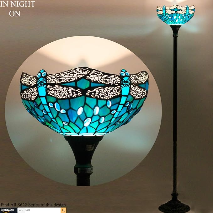 WERFACTORY Tiffany Floor Lamp Green Stained Glass Dragonfly Light 12X12X71 Inches Pole Torchiere Standing Corner Torch Uplight Decor Bedroom Living Room Home Office S622 Series (B)