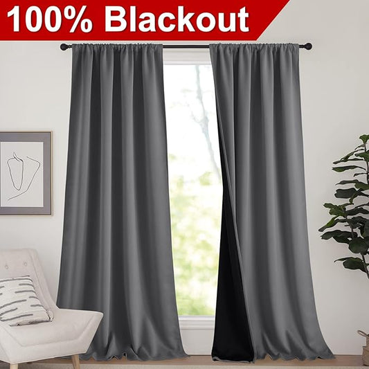 NICETOWN 108 inch 100% Blackout Curtains, Laundry Room Decor Window Treatment Rod Pocket Curtains for Patio Sliding Door, Extra Long Thermal Insulated Curtains for Villa (Grey, Set of 2, 52-inch)