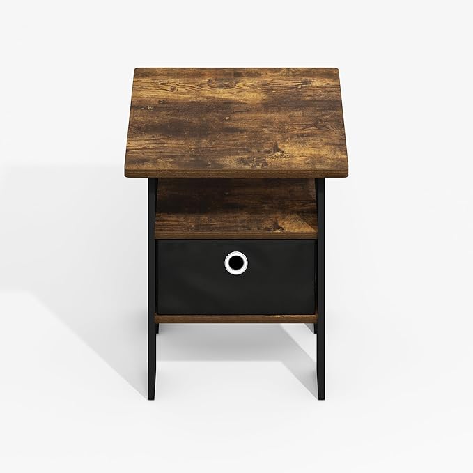 Furinno Modern Side Table, Square Top End Table with Storage Bin, Night Stand, Bedside Table with Storage Shelf, for Living Room, Bedroom, Amber Oak
