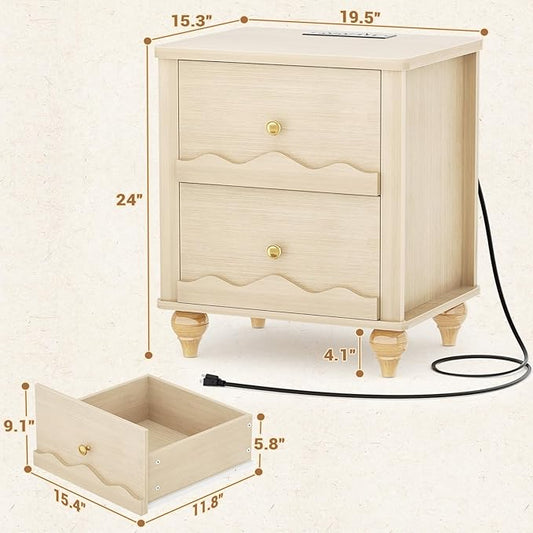Cyclysio Natural Wood Nightstand with Charging Station Set of 2, Scalloped Bedside Table with 2 Smooth Drawers, Modern End Table with Solid Wooden Legs for Bedroom and Small Spaces