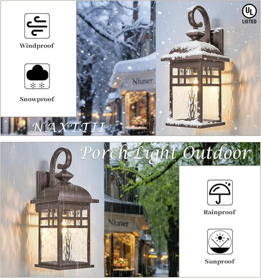 Outdoor Wall Lights Waterproof Exterior Lighting Fixtures with Water Ripple Glass 15 Inch Height Anti-Rust Porch Lights for House Garage Doorway