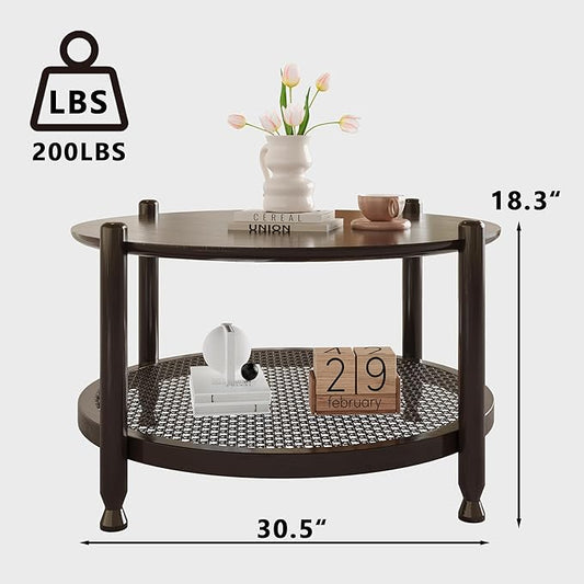 NSdirect 32" Round Coffee Table for Living Room, 2-Tier Solid Wood Center Table for Home Decor with Boho Woven Rattan Storage Shelf | Modern Farmhouse Design, Easy Assembly, Black Brown