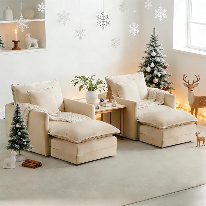 Chenille Oversized Chair with Ottoman - 39”W Big Comfy Reading Chair and Ottoman Set, Lounge Chair for Living Room, Bedroom, Kids Room, Reading Nook, Family Room, Sand Beige
