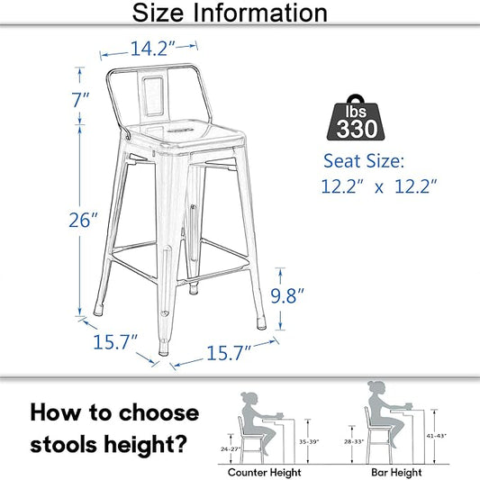 Tongli Metal Bar Stools Set of 4 Barstools Counter Height Bar Stools with Back Industrial Bar Stool Indoor Counter Stool Kitchen Island Stools Modern Bar Chair 26inch Silver
