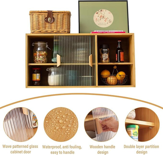 Tiita Small Kitchen Pantry Cabinet, Bamboo Wall Sideboard with Glass Doors, Cupboard Food Pantry Cabinet for Kitchen, Living Room and Dinning Bedroom