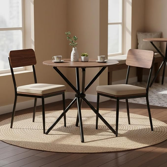 FurnitureR 31.5-Inch Round Dining Table for 2-4 People, Wooden Kitchen Table with Intersecting Pedestal Base and Metal Legs, Multifunctional for Café, Restaurant, and Home Dining, Brown