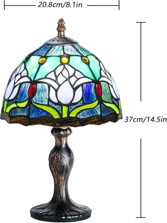 MIAOKE Stained Glass Table Lamp,Stained Glass Crystal Bead Style Table Light, Handmade Desk Bedside Night Light, Antique Art Craft Gifts Lover Living Room Bedroom Bookcase(Blue Tulips)