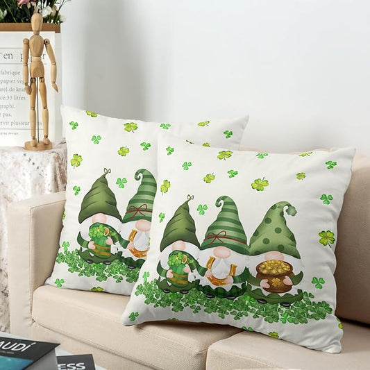 St Patricks Day Pillow Covers 18x18 Set of 2 Green Clover Shamrocks Throw Pillow Covers Lucky Gnomes Pillow Cases for Couch Sofa Spring March Holiday Home Decor