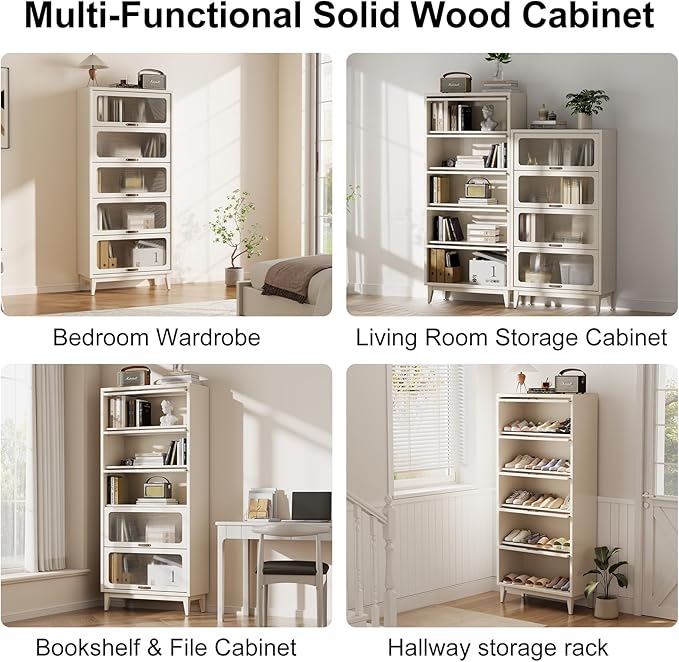 71'H Solid Wood Bookcase,5 White Book case with Glass Doors,Wooden Pantry Cabinet for Kitchen,Freestanding Display Storage Shelves for Collectibles, Living Room Bedroom Home Office