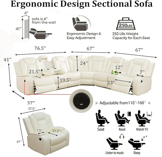 Power Reclining Sectional Sofa Set with LED, Living Room Furniture Sets, Leather Recliner Couch for Living Room/Home Theater, Sectional Couch and Chair with 3 Recliners, USB Port/Hide-Away Storage