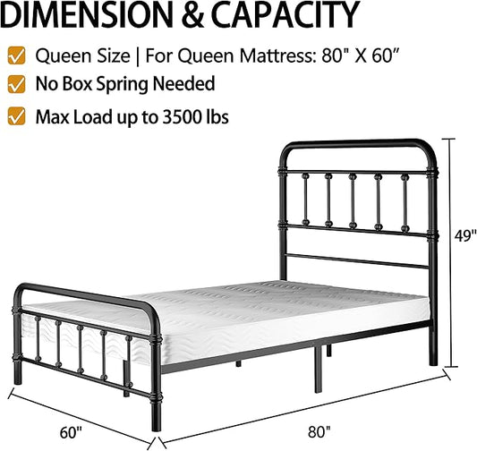 Queen-Bed-Frame with headboard Giselle-Vintage Antique-Metal - Platform Mattress Foundation,49 inch High,No Box Spring Needed(Black)