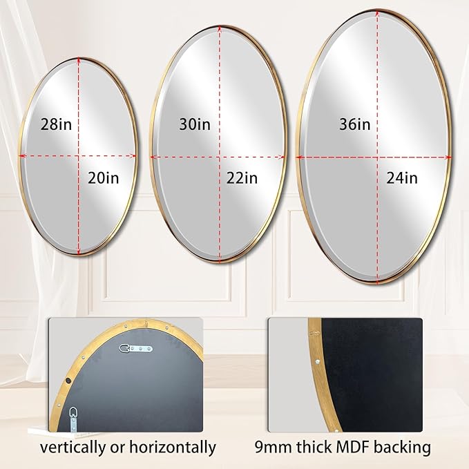 POZINO Vanity Beveled Mirrors, 22"x30" Oval Mirror for Over Sink, Modern Brass Mirror with Stainless Steel Frame, Brush Gold Rounded Mirrors for Bathroom Bedroom Living Room, Horizontal Or Vertical 