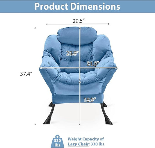 Lazy Chair Thick Padded, Comfy Velvet Accent Lounge Chair with Stable Frame, Leisure Sofa Armchair with Armrests and Side Pocket, Reading Chair for Bedroom, Living Room, Office, Light Blue