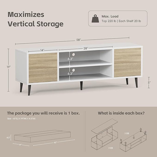 YESHOMY Modern TV Stand for 65 Inch TV, 58" Entertainment Center with Storage Cabinets, Media Console for Living Room & Apartment, Minimalist Retro TV Cabinet, Bright White