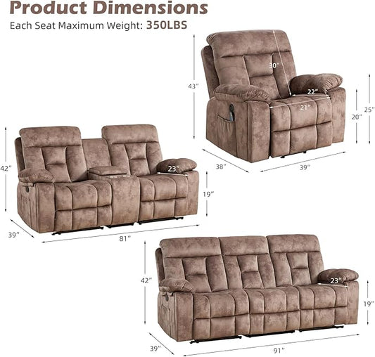 CANMOV Reclining Sofa Set, 3 Pieces Recliner Sofa Set, Power Lift Recliner Chair, Reclining Loveseat and 3-Seat Sofa for Living Room, Camel-Brown