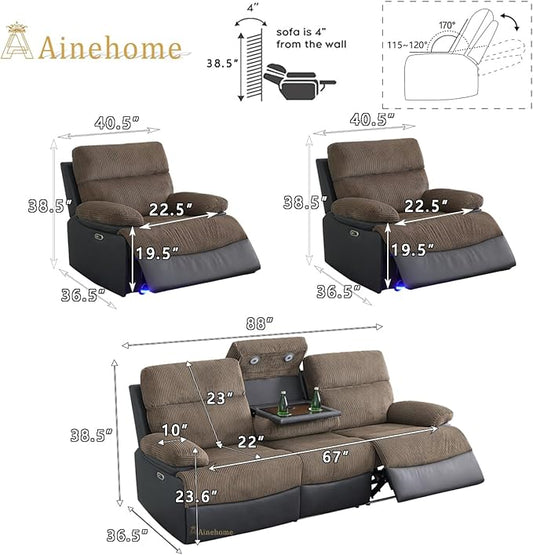 A Ainehome 3 Piece Power Recliner Sofa Set with LED, Power Reclining Sofa and Chair Set, Corduroy Couches Sectional Recliner Chair for Living Room with USB Port/Storage Console