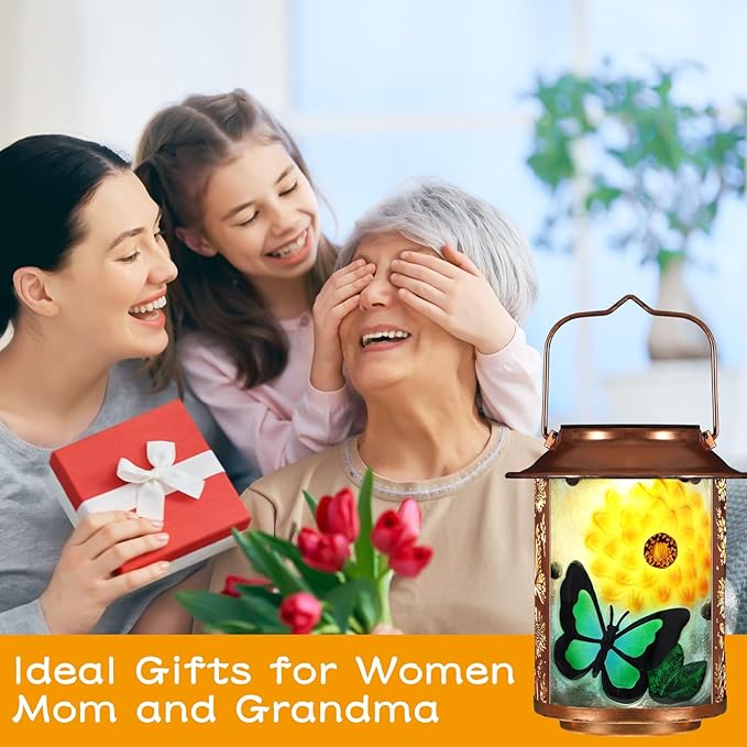 Butterfly Solar Lanterns Outdoor Waterproof,Birthday Gifts for Women Mom Grandma Garden Decor,Hanging Solar Lights Wall Mount Decorations for Yard,Front Porch,Patio,Lawn Pathway Landscape