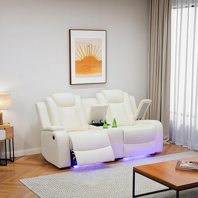 Breathing Leather Power Reclining Loveseat, Living Room Furniture with 2 Recliners, 2-Seater Leather Couch with Storage Console/Cup Holders for Home/Office (Creamy White, Loveseat)