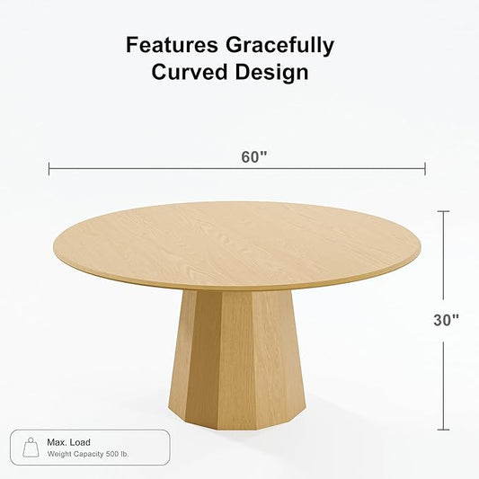Casaphoria 60" Round Dining Table, Modern Wood Kitchen Table with Cone Shaped Strip Polygonal Base for Living Room & Dining Room, Easy Assembly Farmhouse Furniture for 4-6, Oak