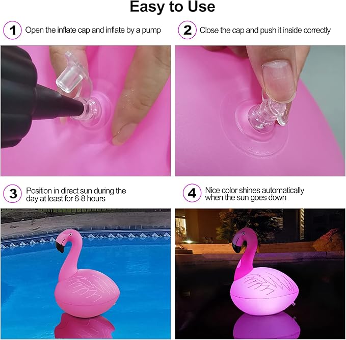 Solar Floating Lights 4PCS, Flamingo Floating Pool Lights Solar Powered, IP68 Waterproof Glow in The Dark LED Flamingo Pool Light for Garden, Yard, Patio, Party Decoration