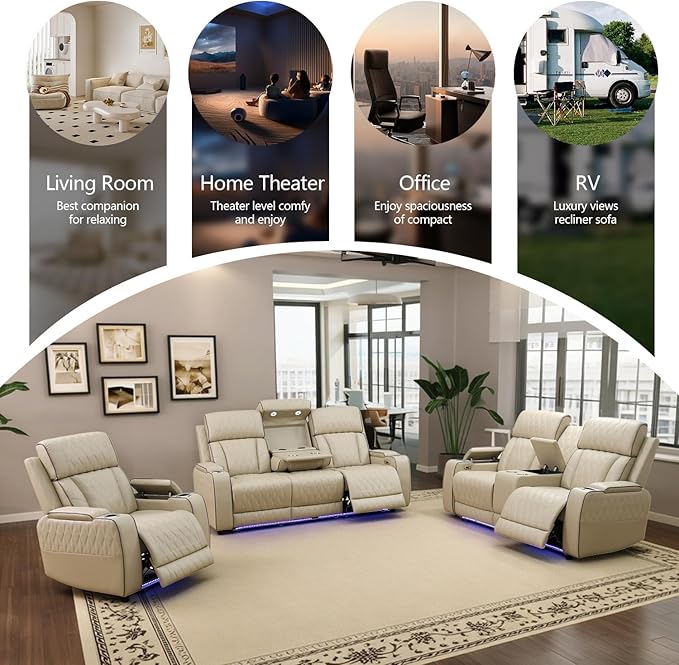 Power Leather Recliner Sofa Set with LED Light,Reclining Loveseat and 2*Chairs Set with Storage Console/USB Port/Cup Holder,Leather Couch for Living Room Furniture Sets(2+1+1 Seats,Beige)