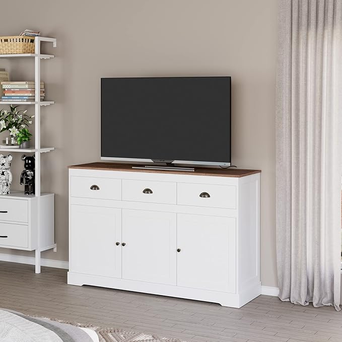 Keyluv White Buffet Cabinet Storage Sideboard Farmhouse Server Bar Wine Cabinet with 3 Drawers & 3 Doors Adjustable Shelves Console Table for Dining Living Room Kitchen Cupboard