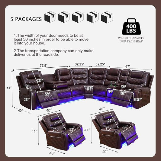 Power Reclining Sectional Sofa Set, Living Room Furniture Sets, Leather Recliner Corner Couches and 2 Chairs, Power Recliner Sectional with Cup Holder/Storage Console for Living Room
