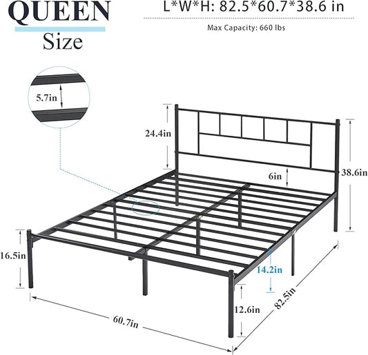 VECELO Queen Metal Platform Bed Frame with Headboard, Heavy Duty Steel Slat Support, Under Bed Storage,No Box Spring Needed, Easy Assembly