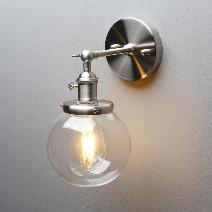 PERMO Vintage Industrial Wall Sconce Lighting Fixture with Mini 5.9" Round Clear Glass Globe Hand Blown Shade (Brushed)