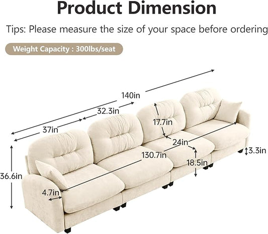 KEIKI 140" Oversized Chenille Modular Sectional Sofa with High-Density Foam Cushion and Tufted Pleated Cushion Backrest, Upholstered Modern 4-Seater Cloud Couch with 2 Pillow, for Living Room, Beige