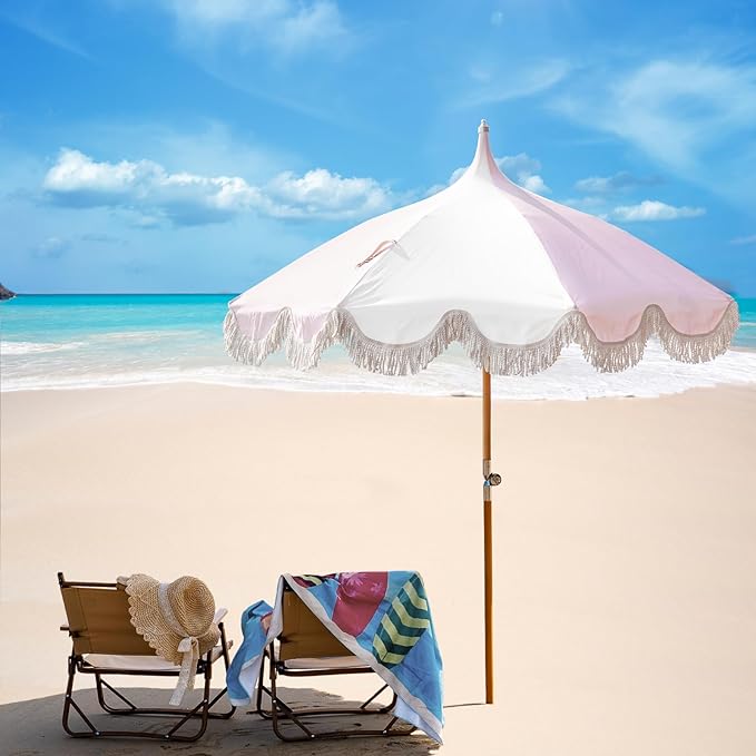 6.5ft Pagoda Beach Umbrella with Fringe, UPF 50+ Boho Umbrellas with Carry Bag, Premium Wood Pole Foldable Tassel Umbrella for Outdoor Garden Lawn Pool Yard Table