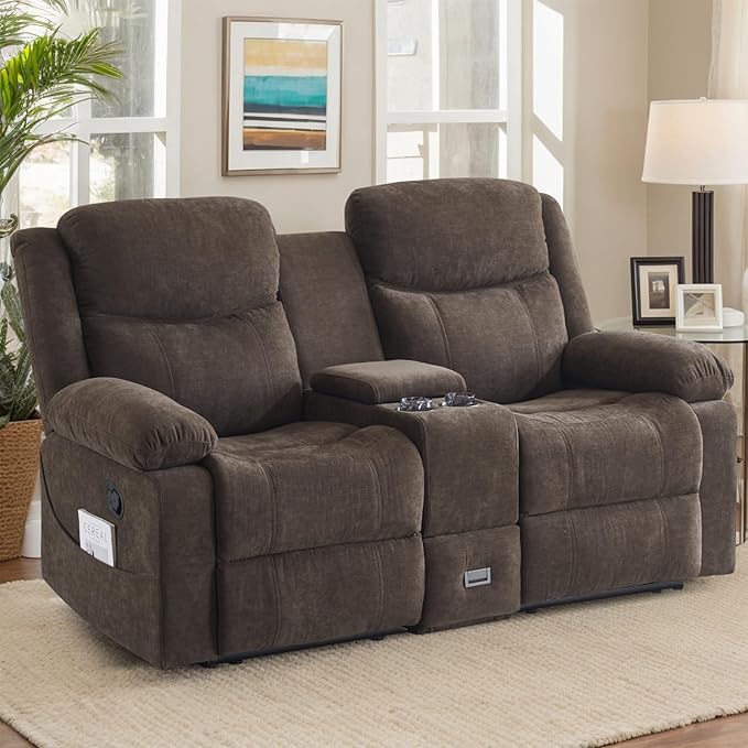 Reclining Loveseat with Console, Loveseat Recliner Sofa with Massage & Heating, RV Wall Hugger Double Loveseat Recliner Couch for Living Room & Home Theater (Chenille-Brown-2)