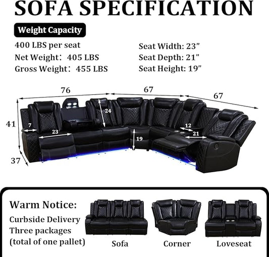 Power Reclining Sectional Sofa Set with LED Lights, Vegan Leather Recliner Sectional Couch for Living Room Furniture,Wireless Charging/USB Charging/Reading Lamp/Armrest Storage,Black
