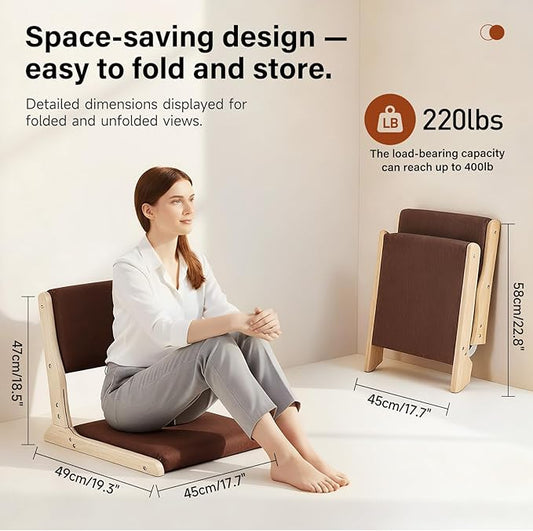 Tiita 2Pcs Floor Games Chair, Foldable Meditation Tatami Chairs, Backrest Chair with Cushion, Living Room Chair Seat, Wood Brown