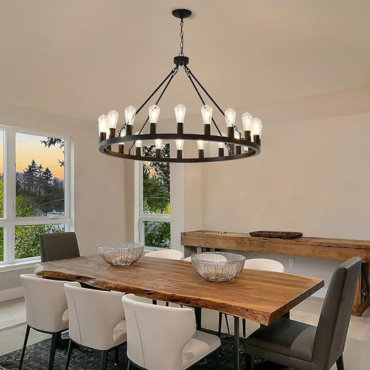 NILSE 40-Inch Large Black Wagon Wheel Chandelier 20-Light, Modern Chandelier for Living Room, Rustic Farmhouse Chandeliers for Entryway, Bedroom, Dining Room, Foyer, E26