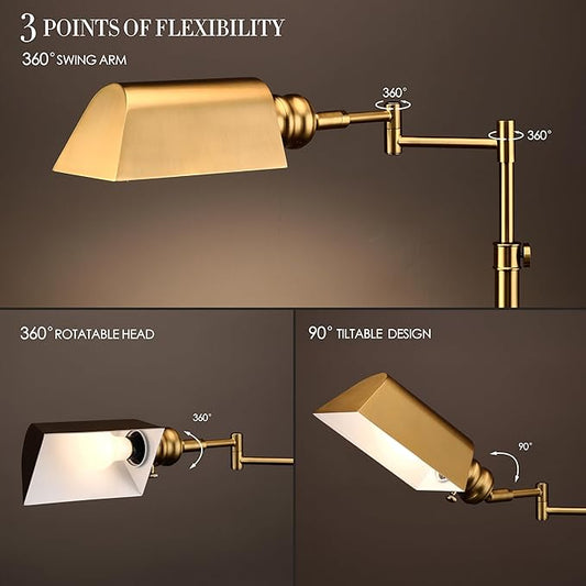 O’Bright Arcadia - Pharmacy Floor Lamp, Full Range Dimming, Swing Arm Task Lamp, E26 Socket, Bulb Replaceable, Adjustable Height 47” to 55”, 360° Rotatable Shade, All-Metal Design, Antique Brass