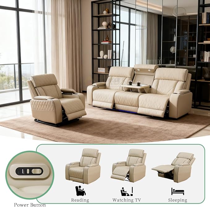 Power Reclining Sofa Set with Cup Holders, 2 Pieces Living Room Furniture Sets, Beige Breathing Power Recliner Sofa&Chair with LED Lights, Storage Console, Drop-Down Table, 4 Recliner Seats