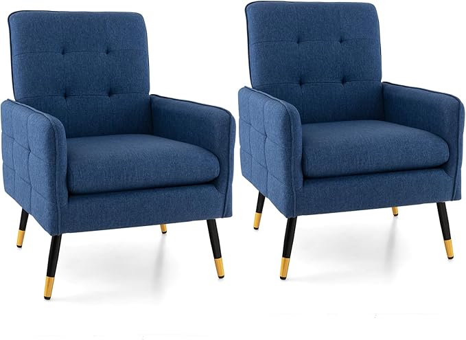 Giantex Modern Mid-Century Accent Chair Set of 2 - Upholstered Armchair with Tufted Back, Metal Legs, Adjustable Foot Pads, Fabric Single Sofa Chair for Reading, Living Room Chair for Bedroom, Blue