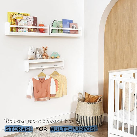 White Wall Bookshelf for Kids Room, 24 Inch Toddler Nursery Bookshelf Wall Mounted for Baby Boy Girl Bedroom, Floating Childrens Book Shelves with Hanging Rod for Books - Set of 3