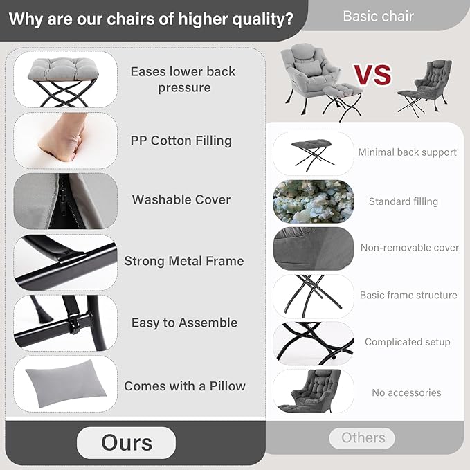 Lazy Chair with Ottoman, Modern Lounge Chair with Lumbar Pillow, Accent Cozy Reading Armchair and Folding Footstool for Bedroom, Dorm, Living Room,Light Grey