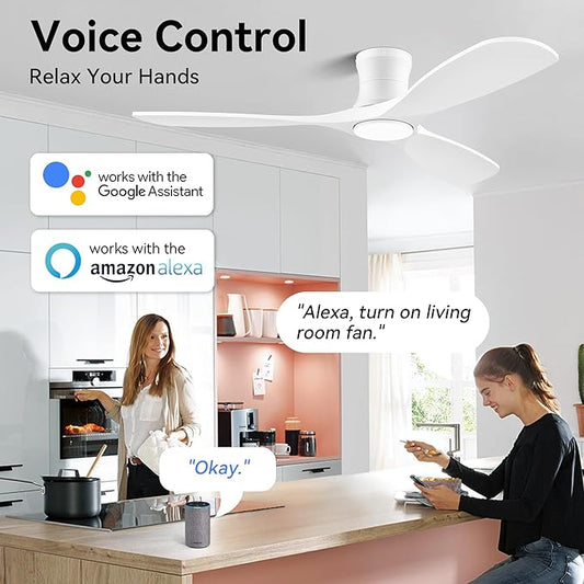 52” Wood Smart Flush Mount Ceiling Fans with Lights and Remote,Quiet DC Motor,Outdoor Indoor Ultra Low Profile Ceiling Fan works with Alexa WIFI APP,Modern White Ceiling Fan for Bedroom Patio